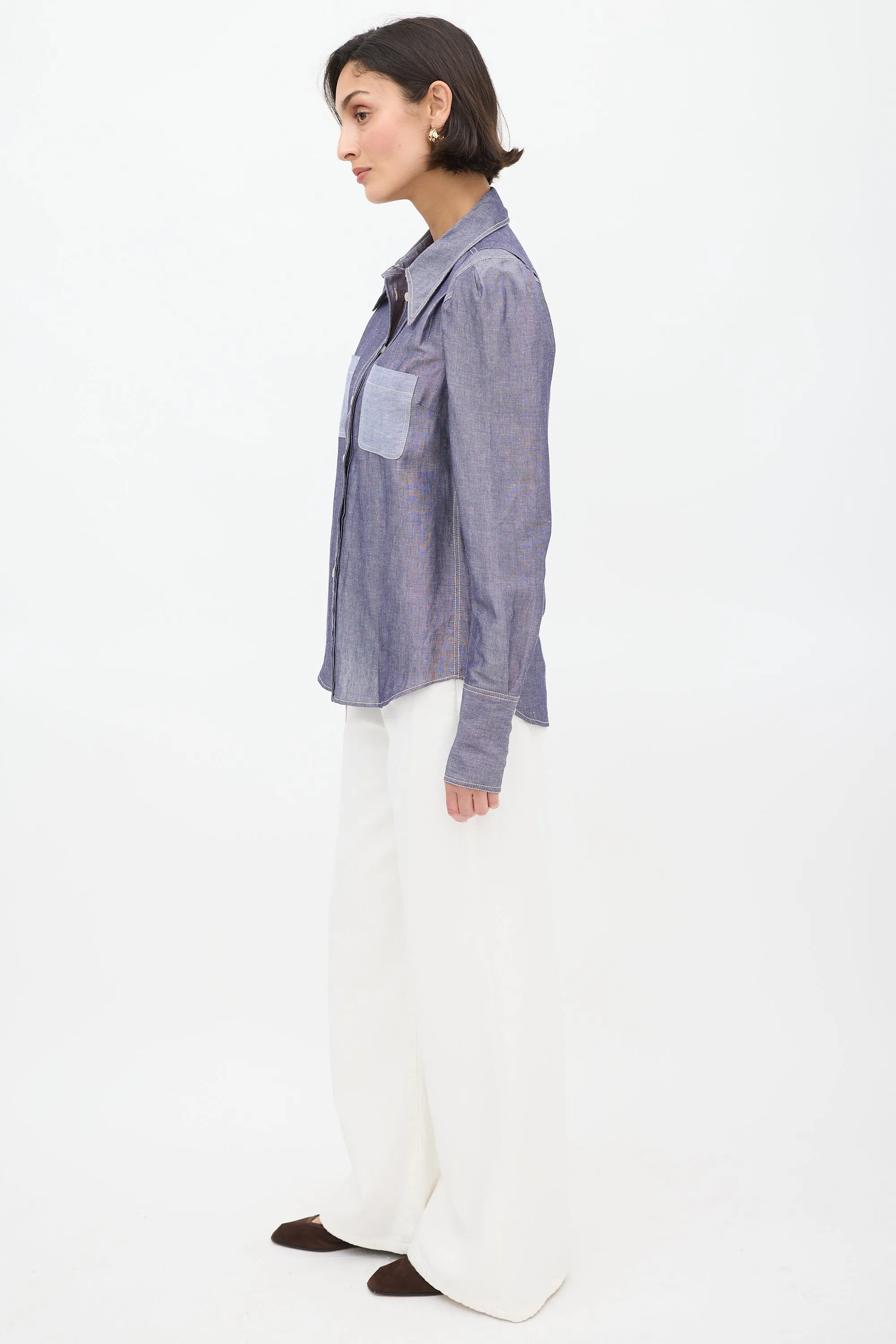 Blue Two Pocket Puff Sleeve Shirt