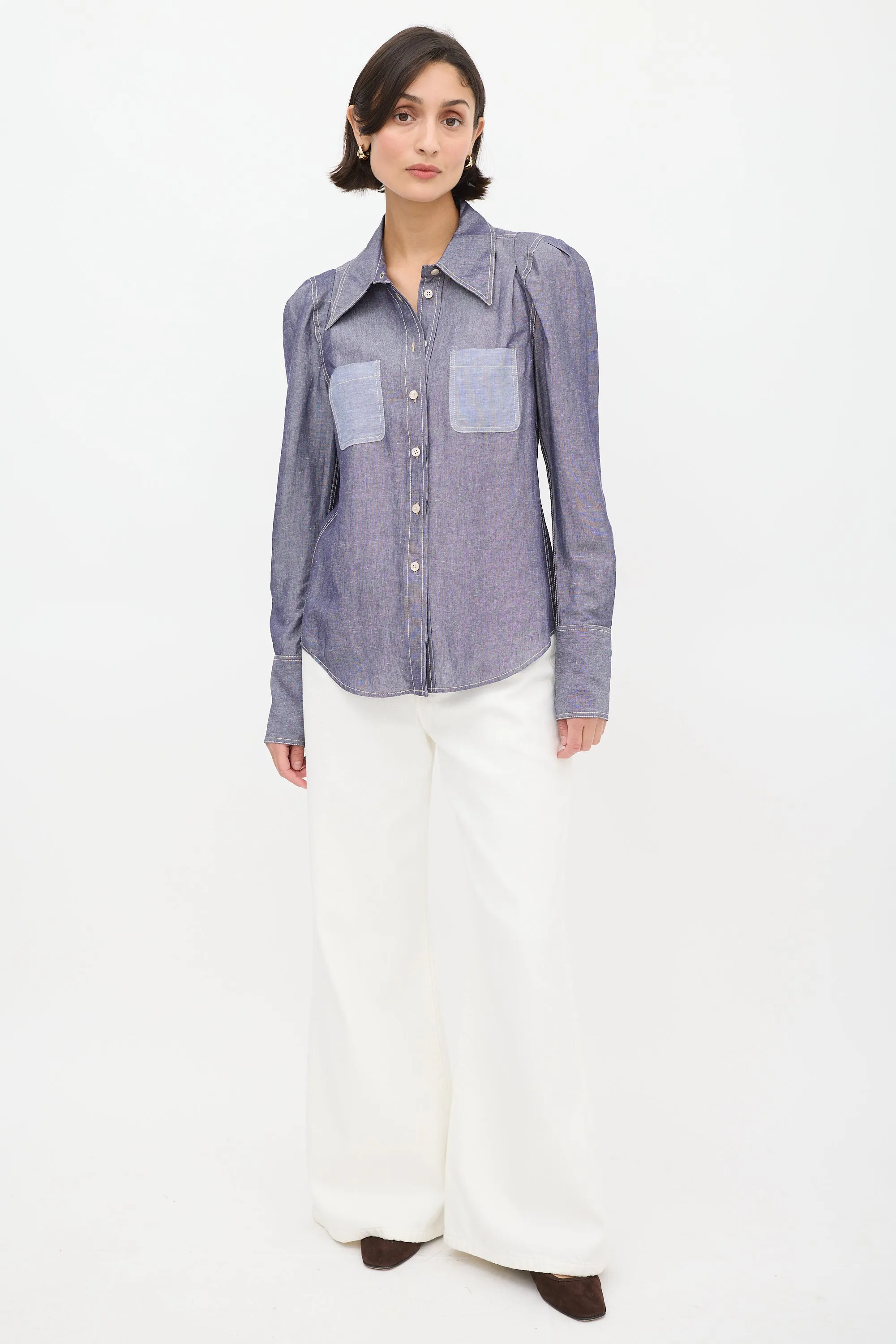 Blue Two Pocket Puff Sleeve Shirt