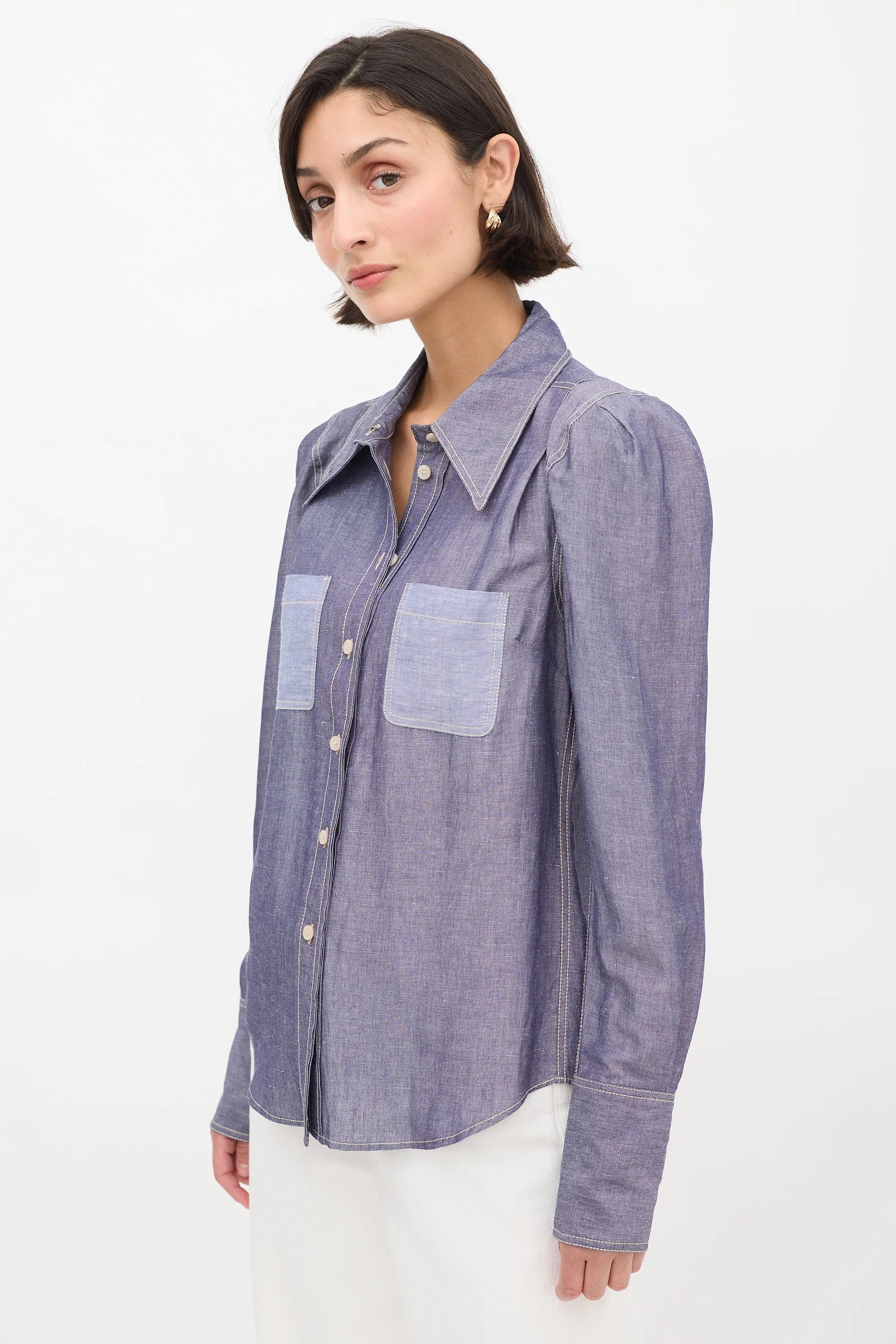 Blue Two Pocket Puff Sleeve Shirt
