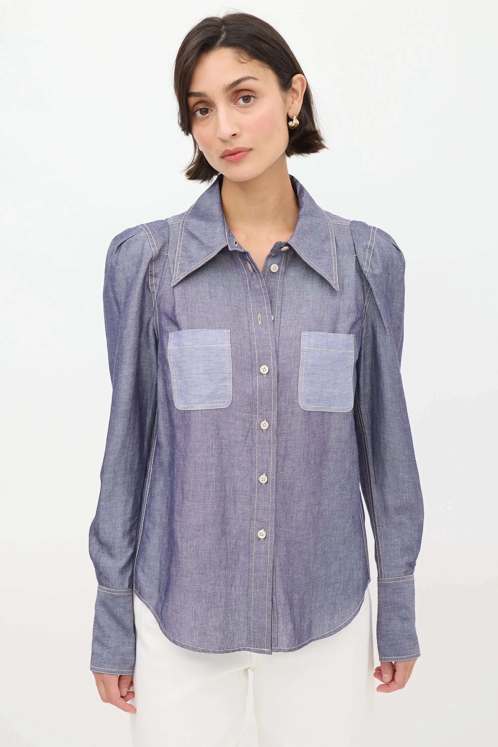 Blue Two Pocket Puff Sleeve Shirt