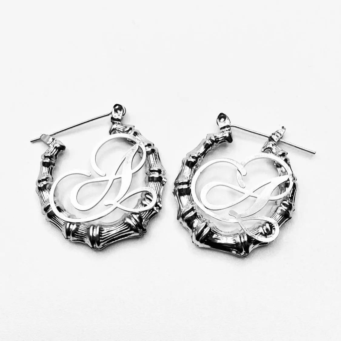 Earring Hoop Bamboo Initial Small Silver