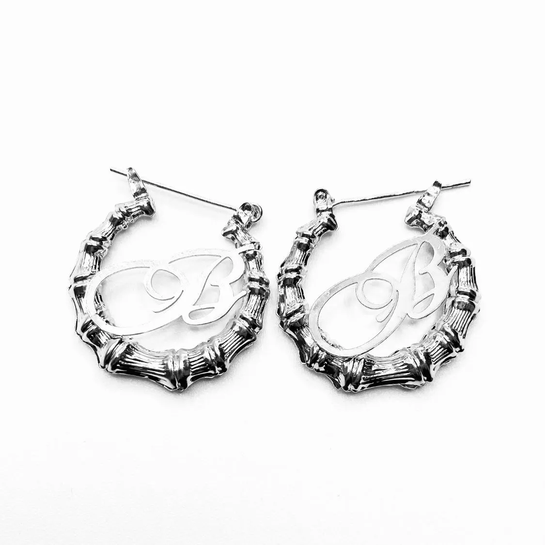 Earring Hoop Bamboo Initial Small Silver