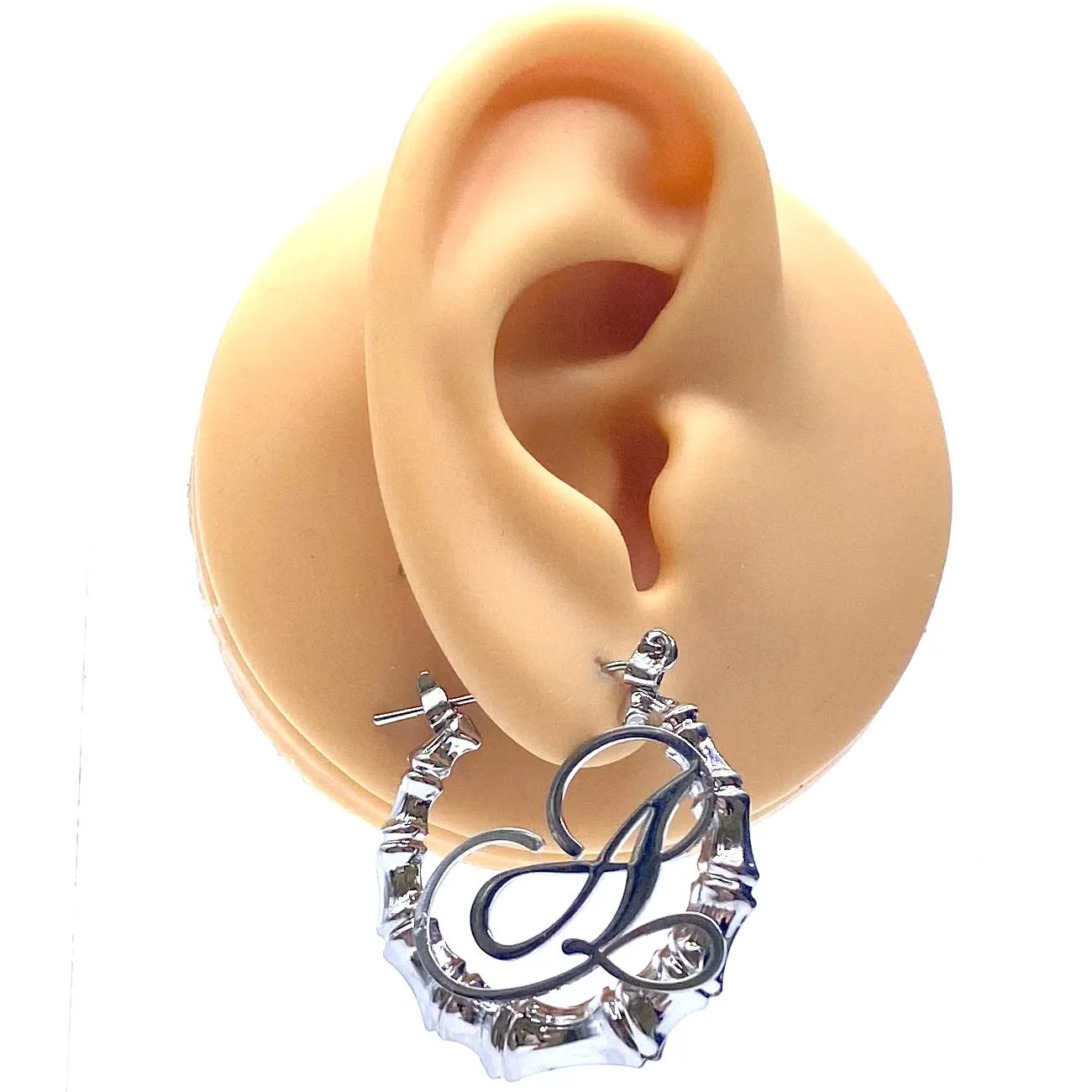 Earring Hoop Bamboo Initial Small Silver