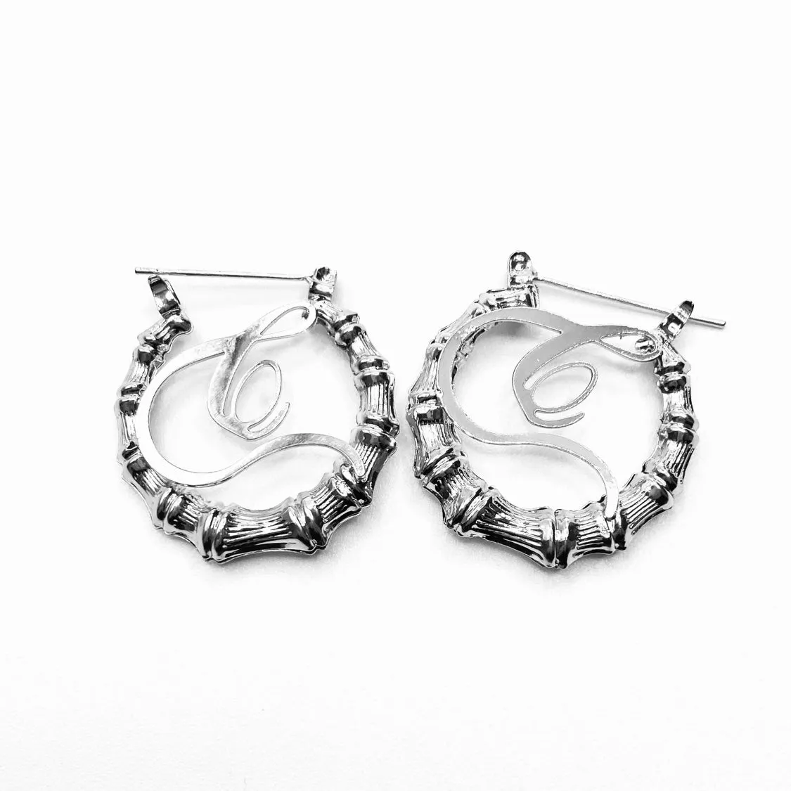Earring Hoop Bamboo Initial Small Silver