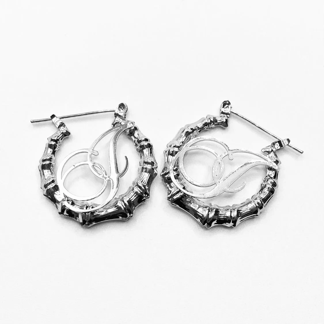 Earring Hoop Bamboo Initial Small Silver