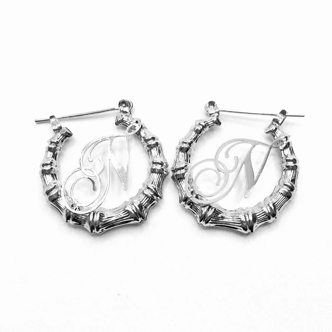 Earring Hoop Bamboo Initial Small Silver