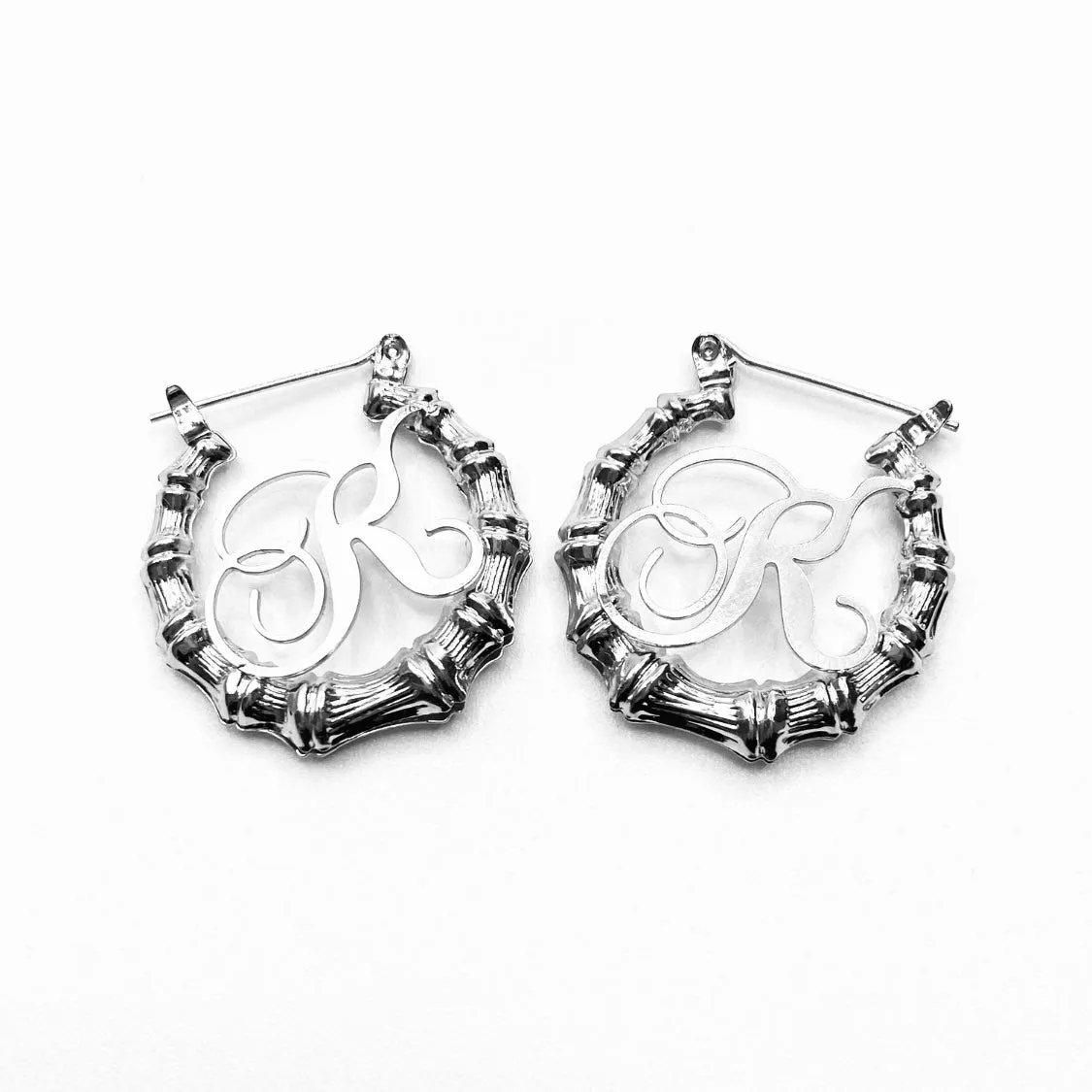 Earring Hoop Bamboo Initial Small Silver