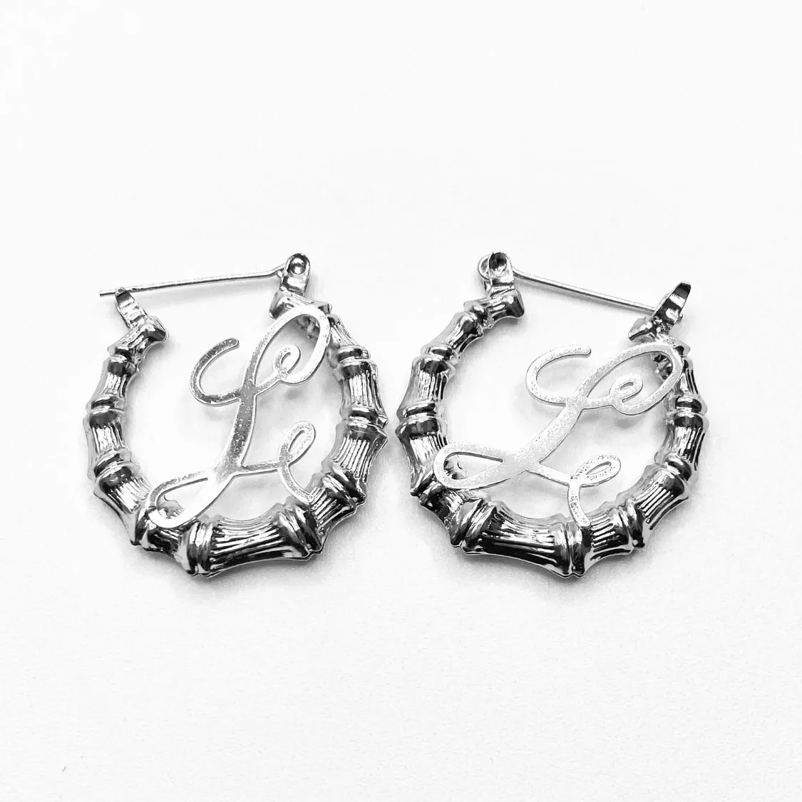 Earring Hoop Bamboo Initial Small Silver