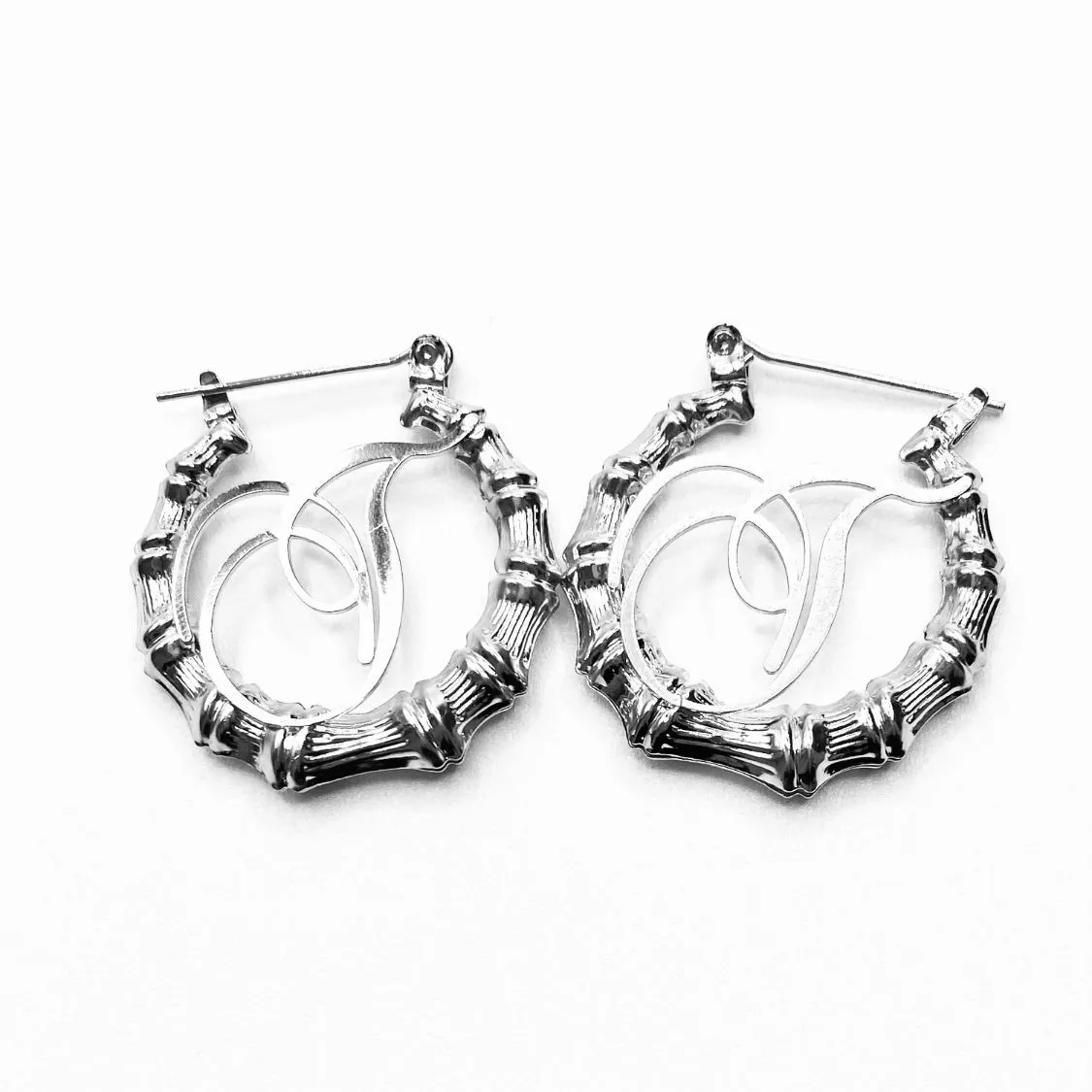 Earring Hoop Bamboo Initial Small Silver