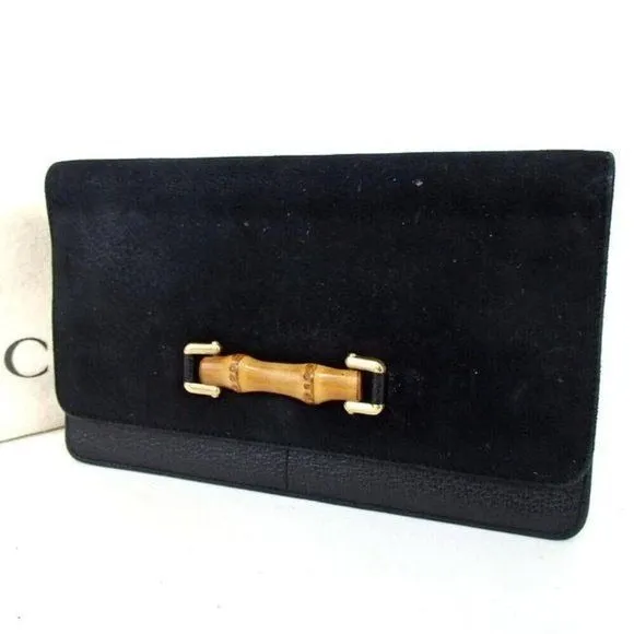 GUCCI Black Leather Suede w Bamboo Belt Loop Bag