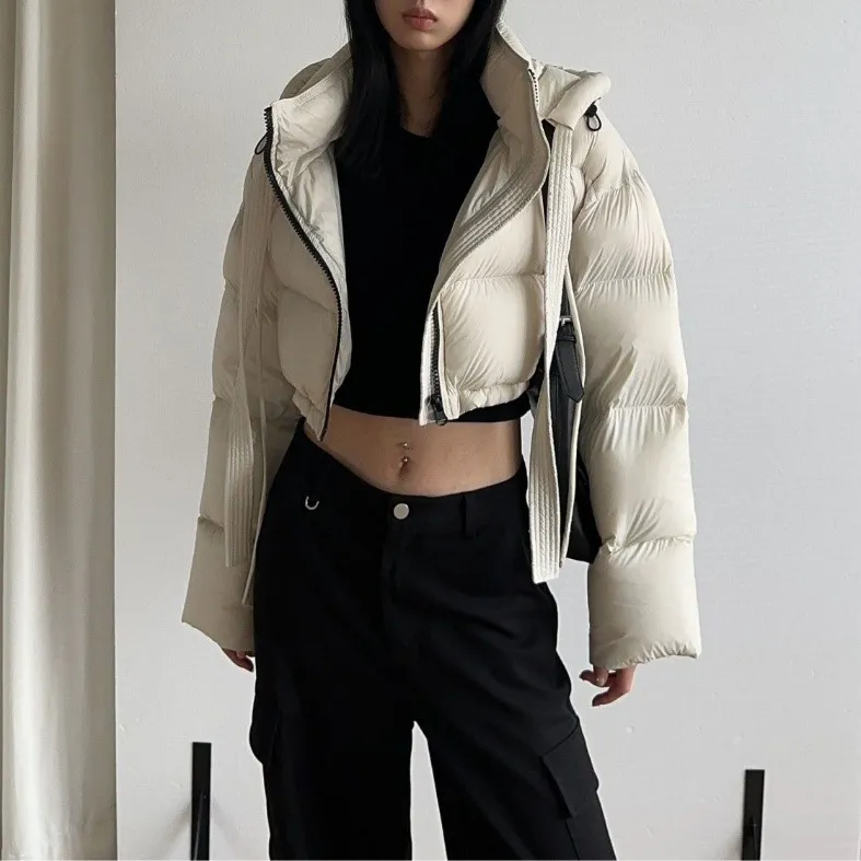 Hooded Tie Zipper Puffer Crop Coat