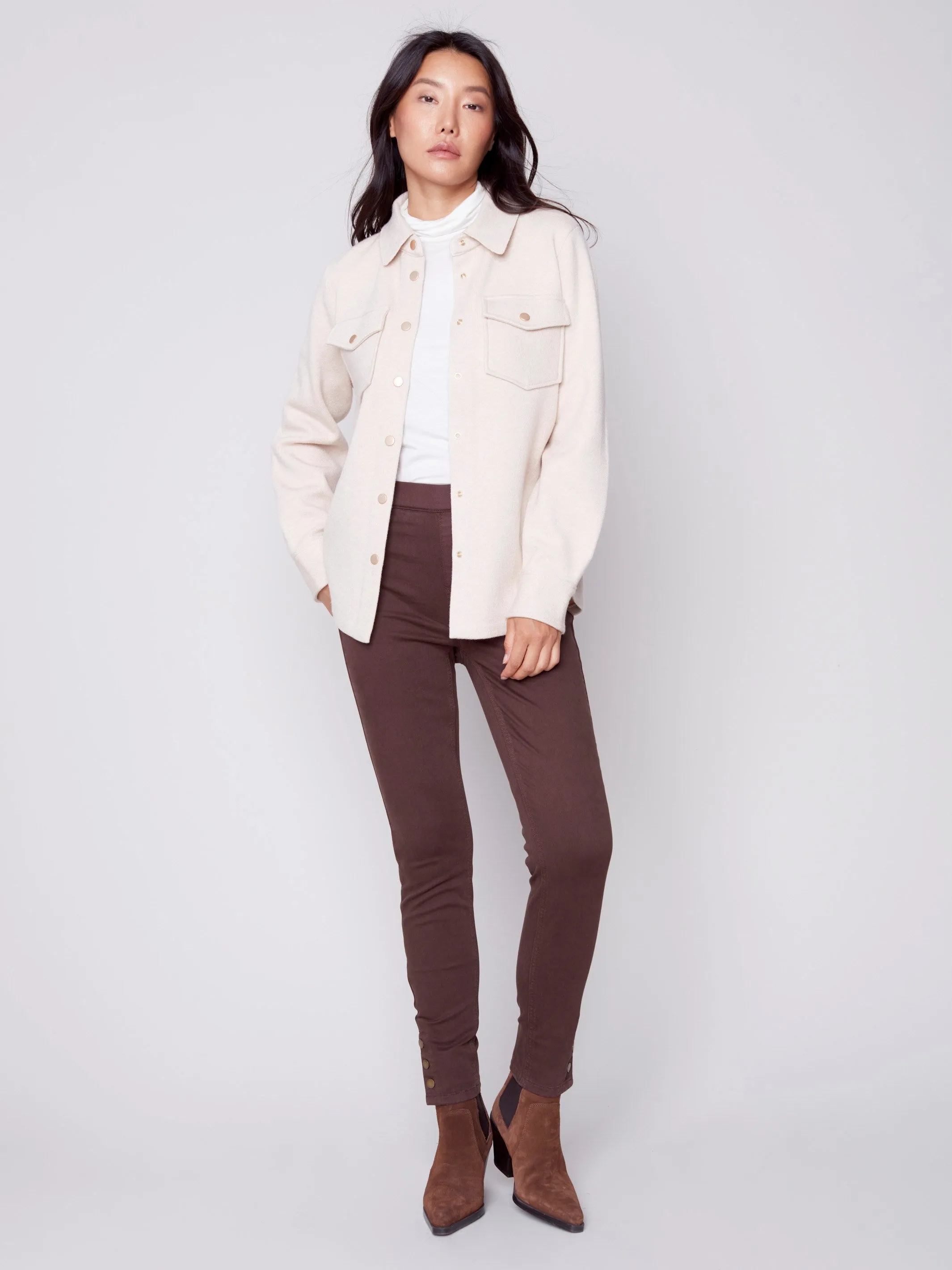 Pull-On Twill Pants with Snap Button Hem - Chocolate