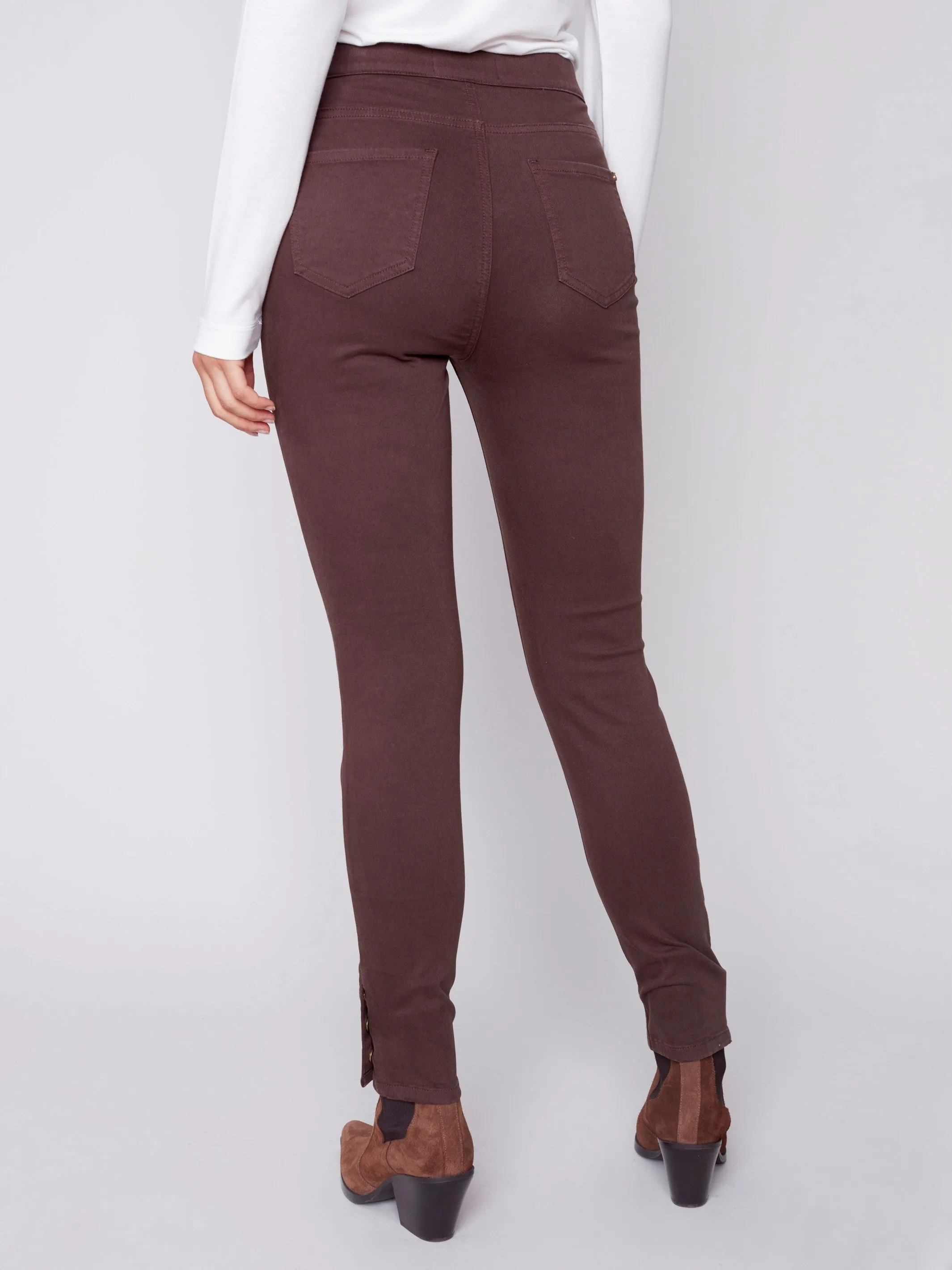 Pull-On Twill Pants with Snap Button Hem - Chocolate