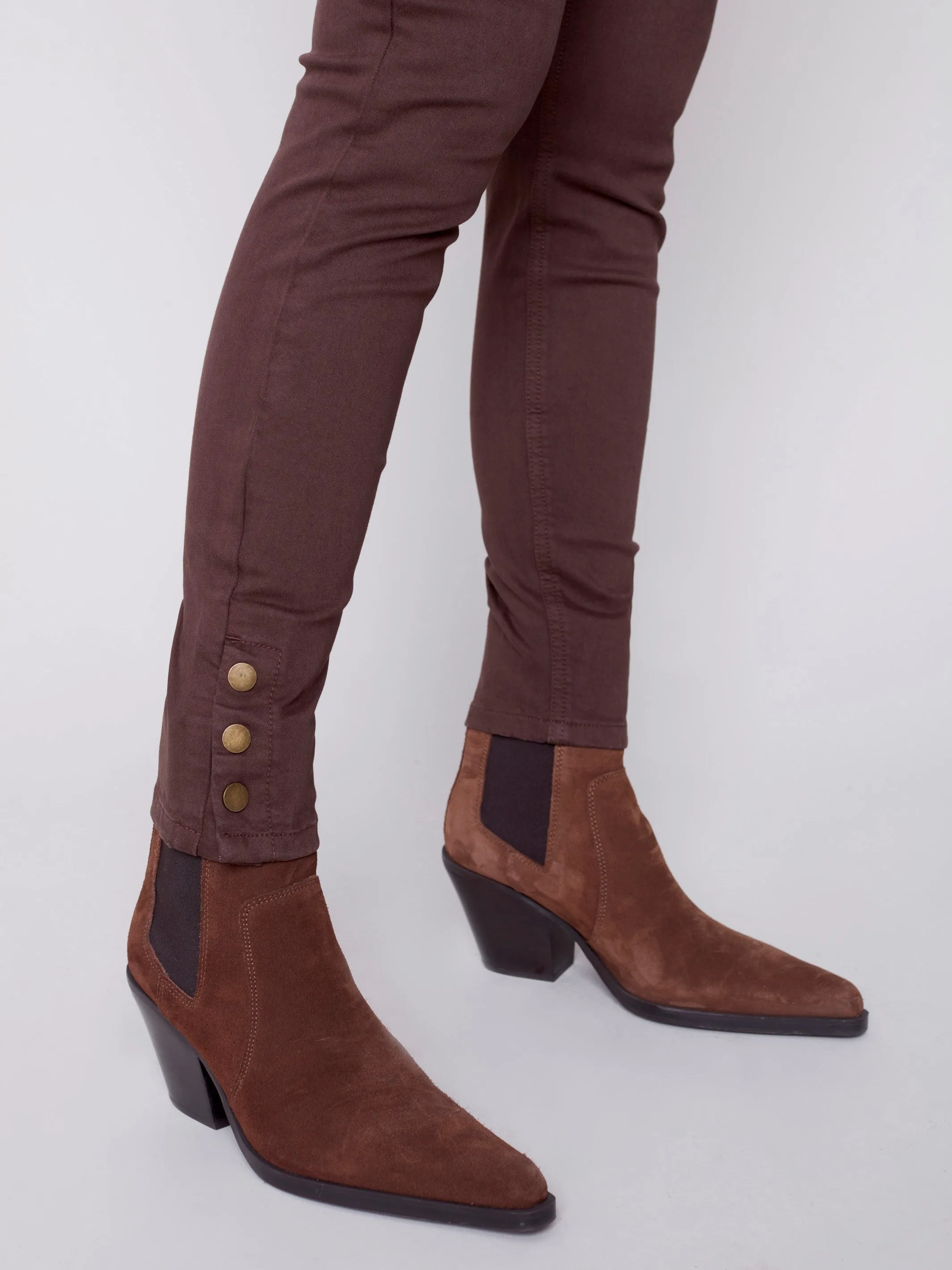 Pull-On Twill Pants with Snap Button Hem - Chocolate