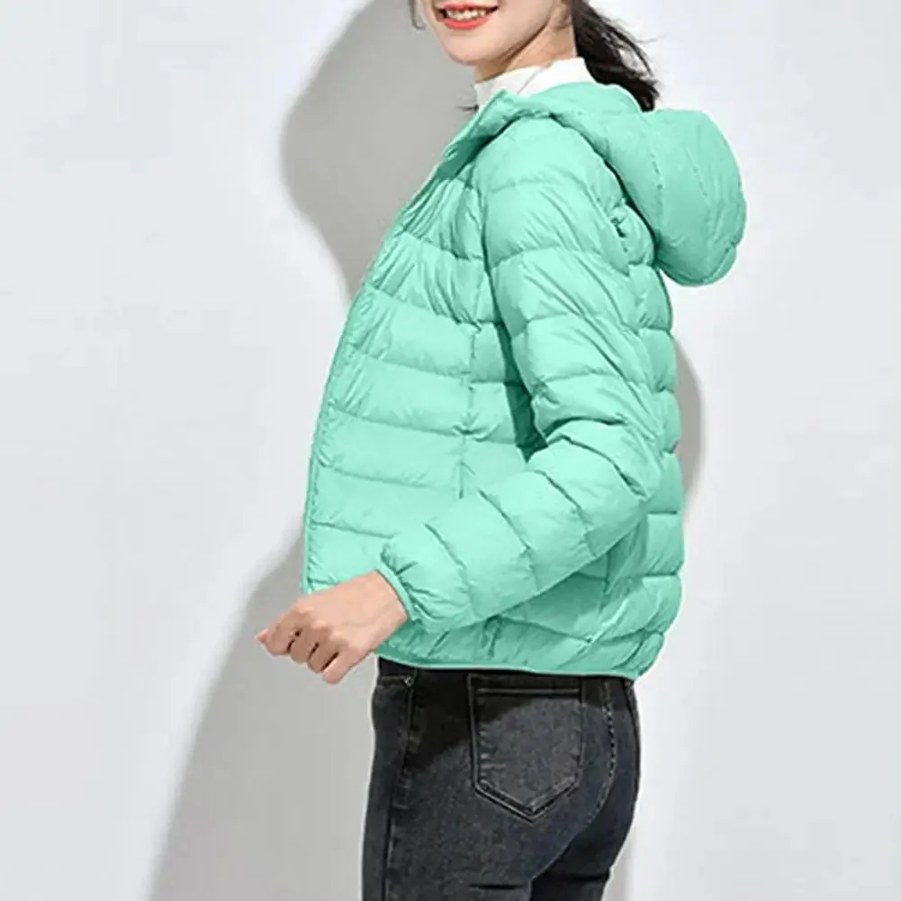 Ultra Lightweight Women’s Hooded Puffer Coat - Stylish Solid Color Jacket with Pockets for Winter Warmth & Comfort