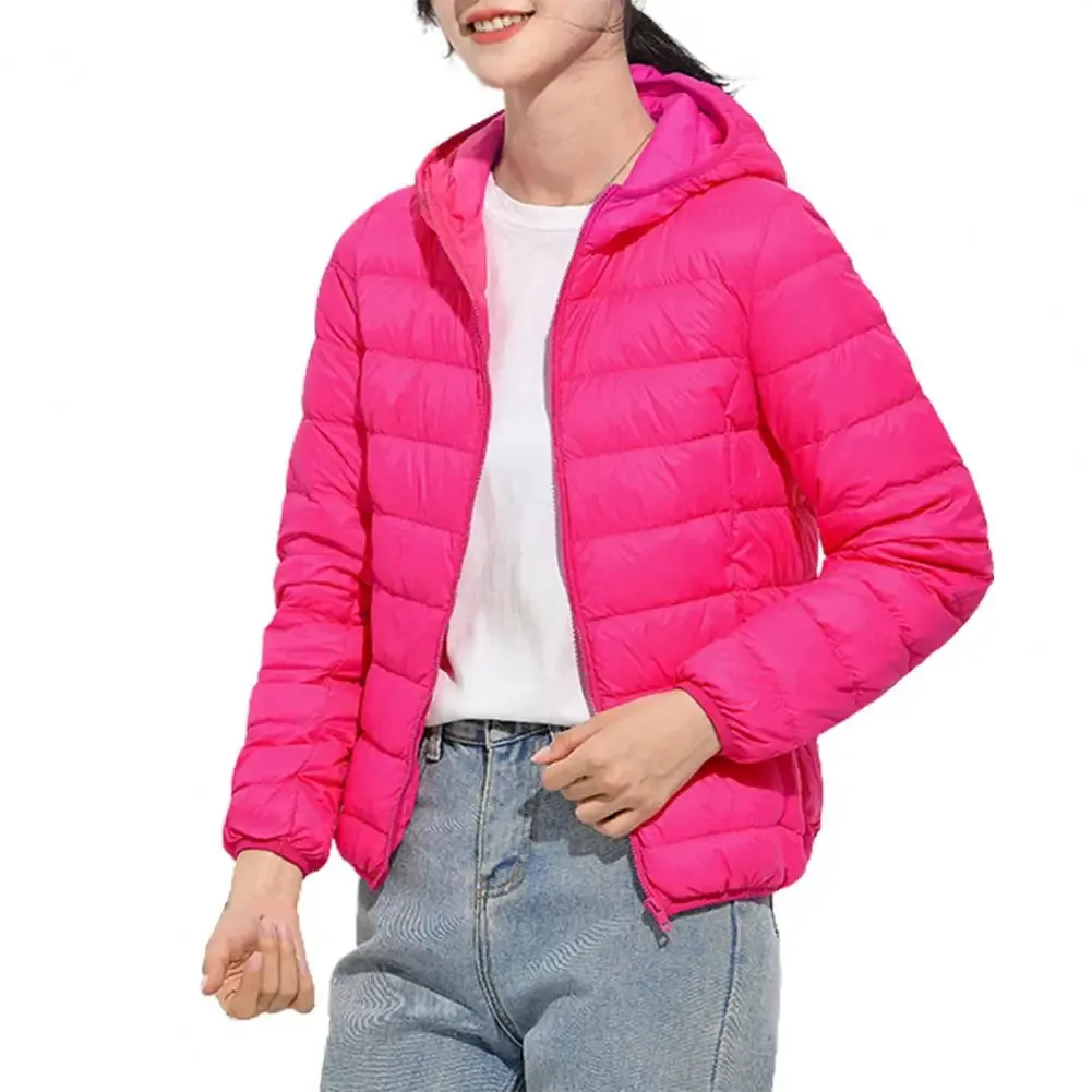 Ultra Lightweight Women’s Hooded Puffer Coat - Stylish Solid Color Jacket with Pockets for Winter Warmth & Comfort