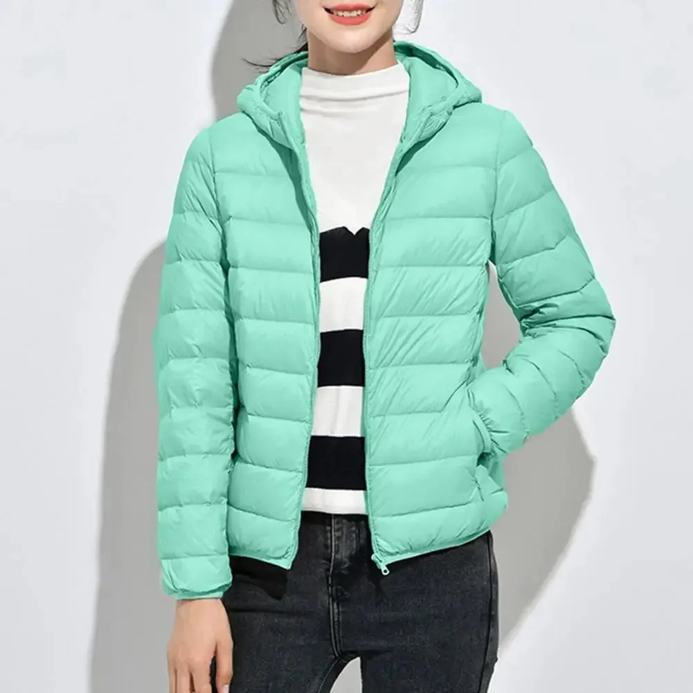 Ultra Lightweight Women’s Hooded Puffer Coat - Stylish Solid Color Jacket with Pockets for Winter Warmth & Comfort