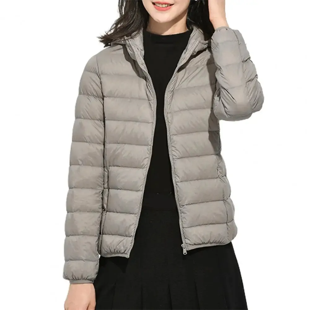 Ultra Lightweight Women’s Hooded Puffer Coat - Stylish Solid Color Jacket with Pockets for Winter Warmth & Comfort