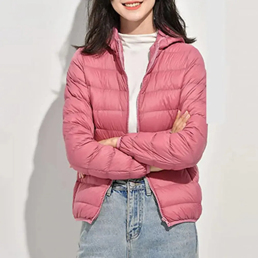 Ultra Lightweight Women’s Hooded Puffer Coat - Stylish Solid Color Jacket with Pockets for Winter Warmth & Comfort