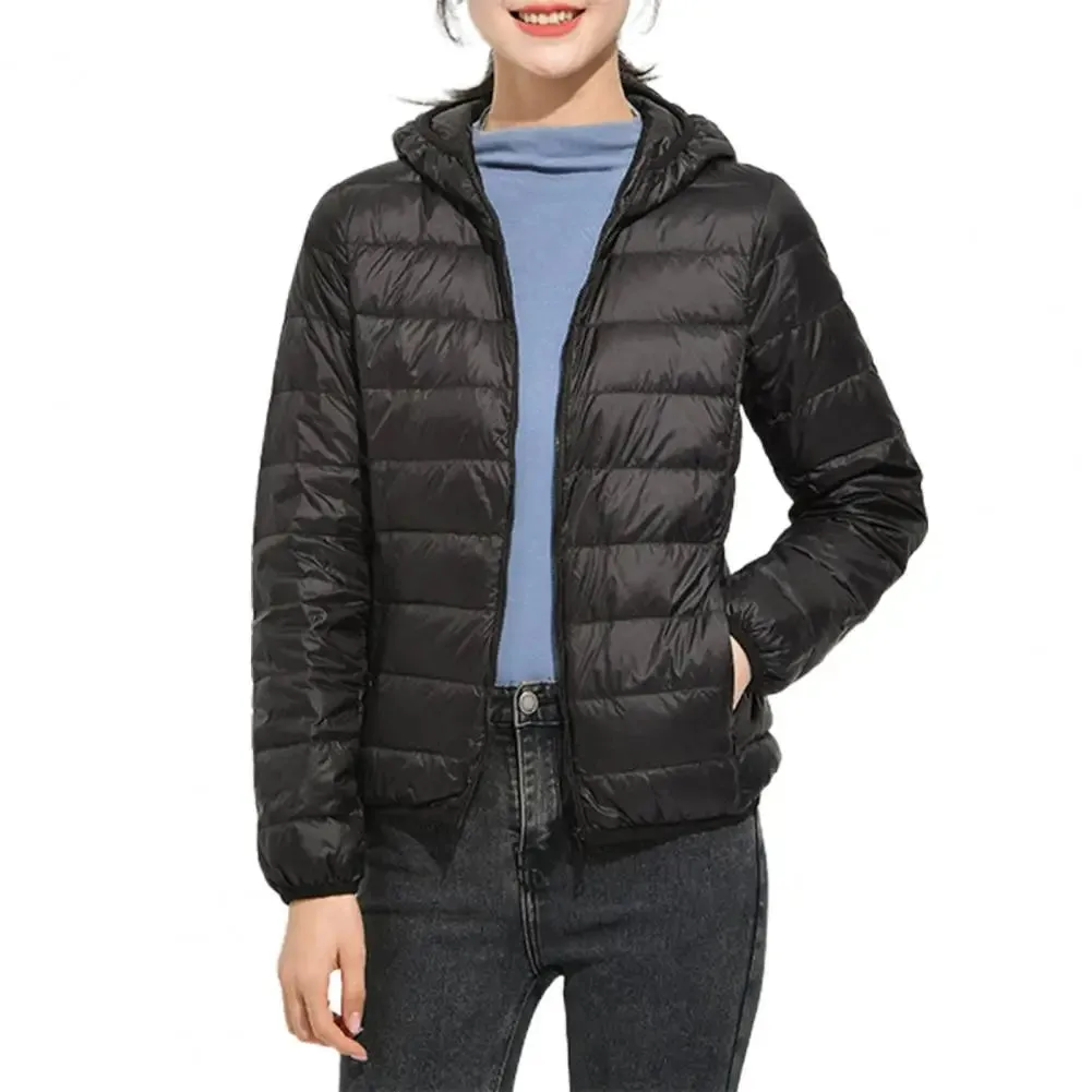 Ultra Lightweight Women’s Hooded Puffer Coat - Stylish Solid Color Jacket with Pockets for Winter Warmth & Comfort