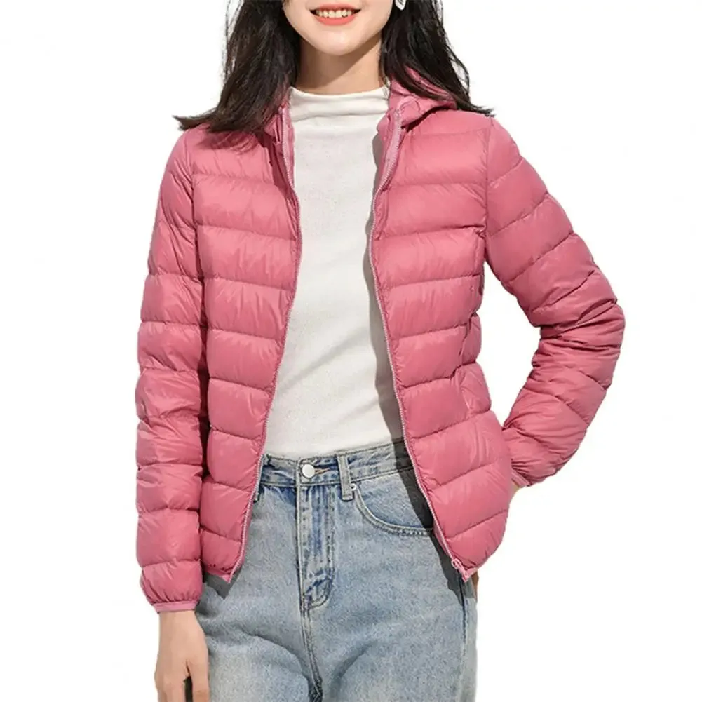 Ultra Lightweight Women’s Hooded Puffer Coat - Stylish Solid Color Jacket with Pockets for Winter Warmth & Comfort
