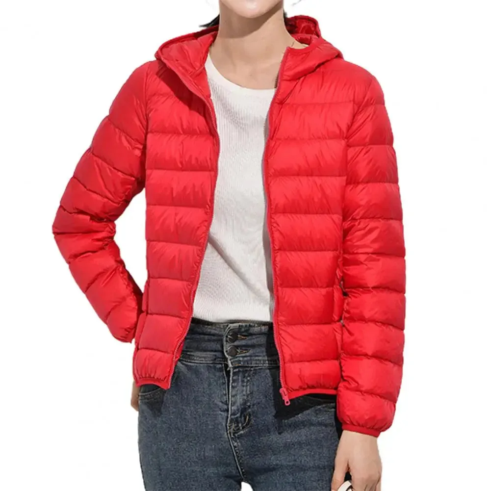 Ultra Lightweight Women’s Hooded Puffer Coat - Stylish Solid Color Jacket with Pockets for Winter Warmth & Comfort