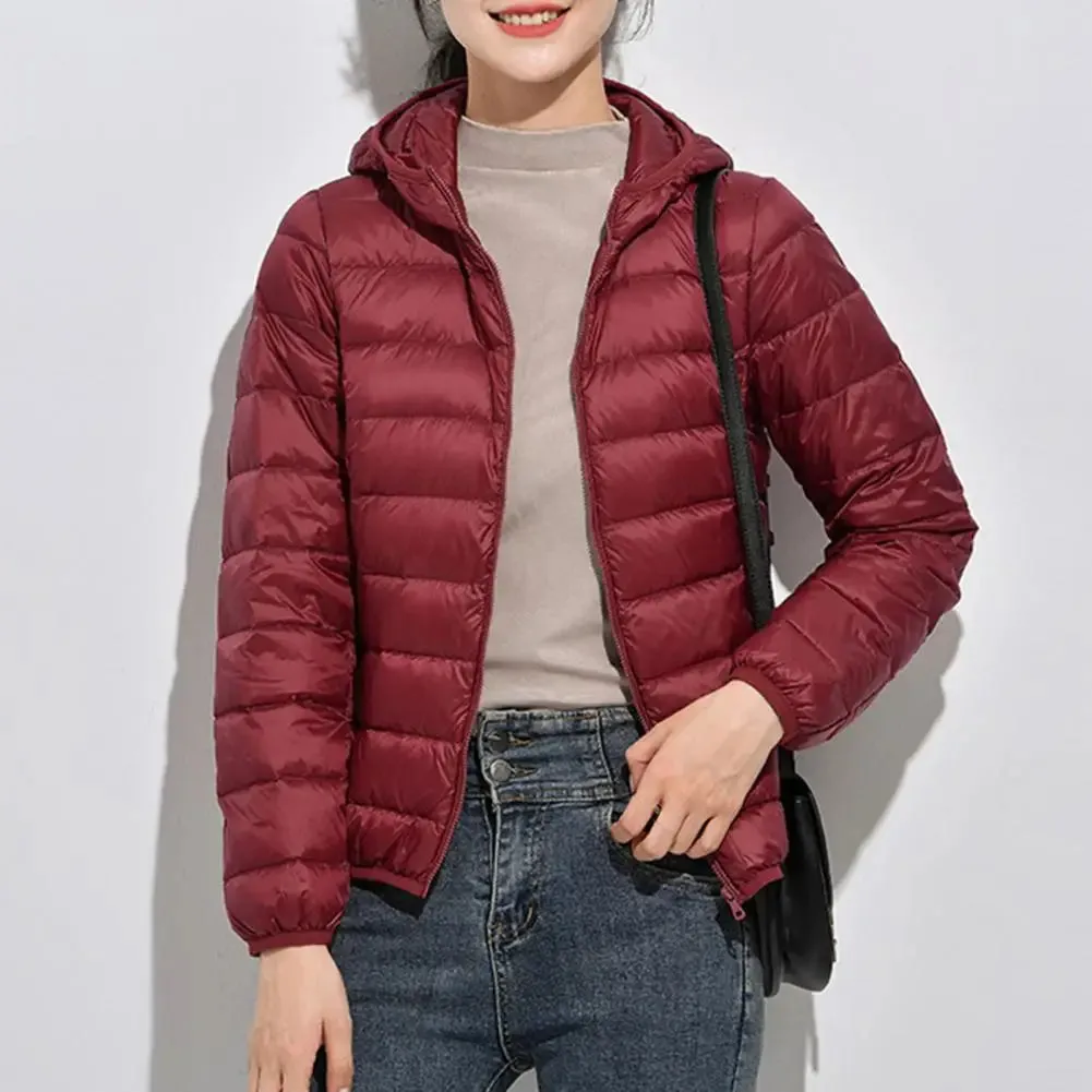 Ultra Lightweight Women’s Hooded Puffer Coat - Stylish Solid Color Jacket with Pockets for Winter Warmth & Comfort