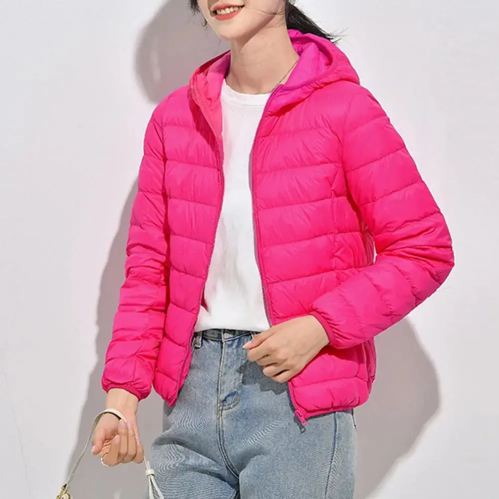 Ultra Lightweight Women’s Hooded Puffer Coat - Stylish Solid Color Jacket with Pockets for Winter Warmth & Comfort