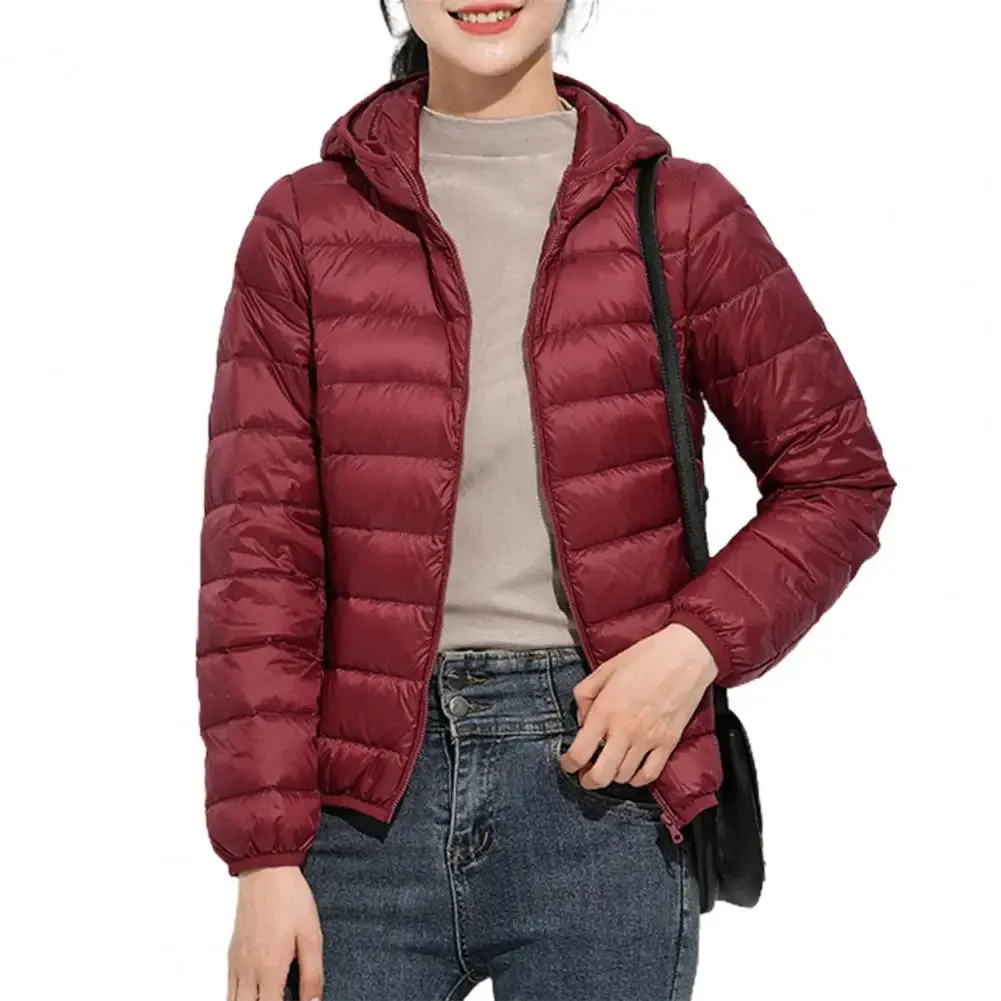 Ultra Lightweight Women’s Hooded Puffer Coat - Stylish Solid Color Jacket with Pockets for Winter Warmth & Comfort