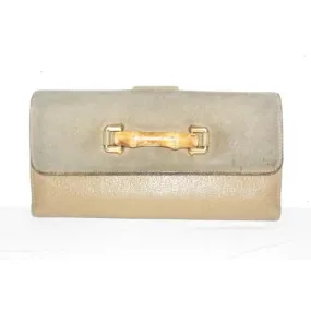 Vintage, Gucci, brown suede and leather, XL wallet with interior compartments, a bamboo and gold horse bit accent on the front
