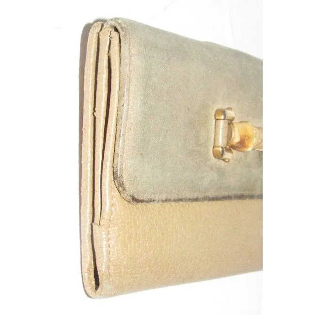 Vintage, Gucci, brown suede and leather, XL wallet with interior compartments, a bamboo and gold horse bit accent on the front