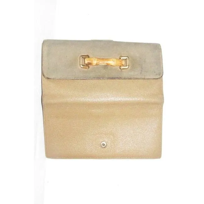 Vintage, Gucci, brown suede and leather, XL wallet with interior compartments, a bamboo and gold horse bit accent on the front