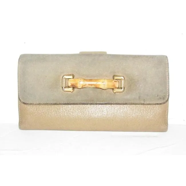 Vintage, Gucci, brown suede and leather, XL wallet with interior compartments, a bamboo and gold horse bit accent on the front
